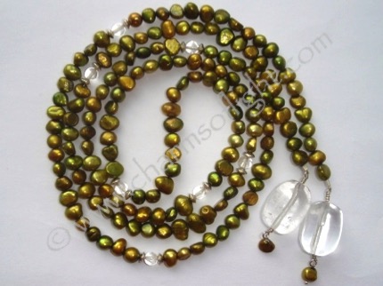 Olive Pearl & Clear Quartz Lariat Necklace